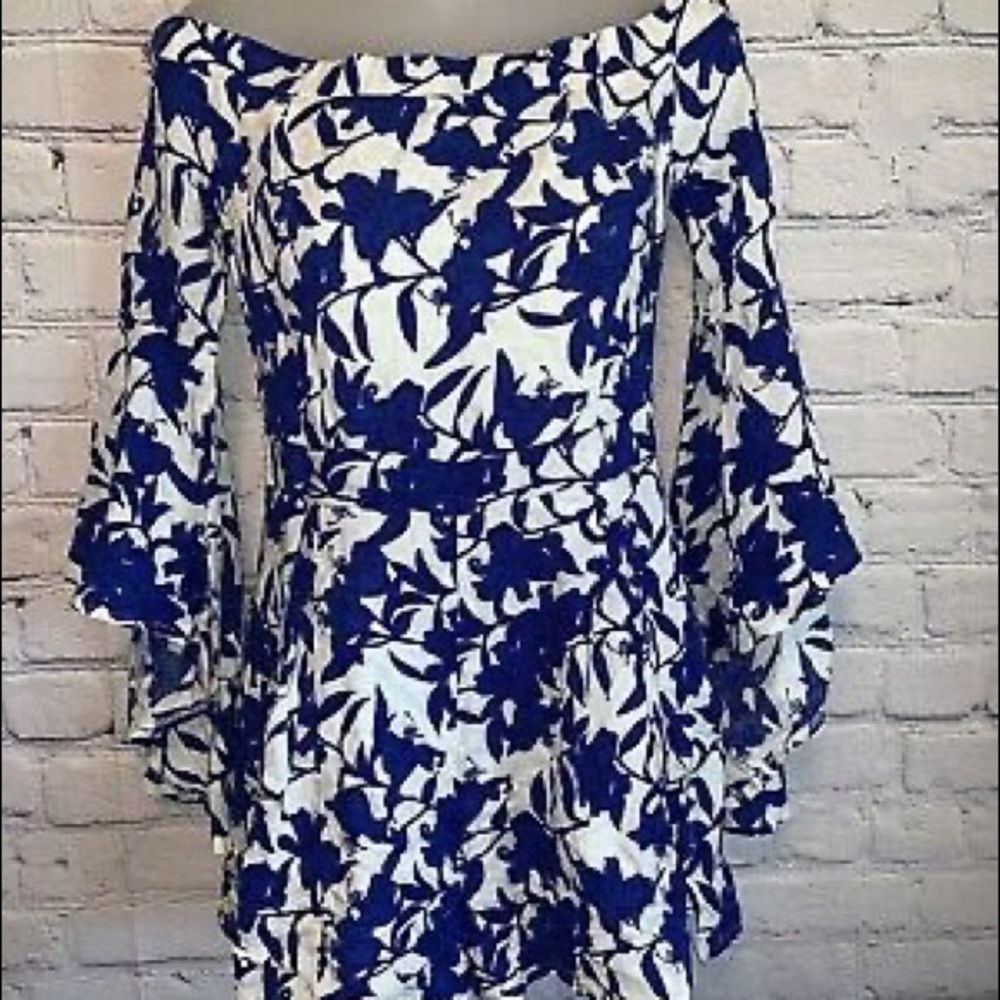 Luxxel Blue and White Off-Shoulder Floral Dress